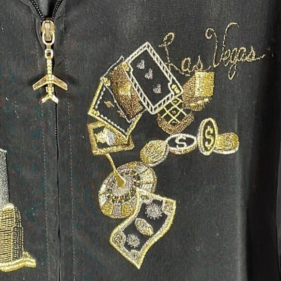 Vintage Mureli 90s Y2K Airline Travel Black Bomber Jacket Full Zip Embroidered M - Picture 11 of 11